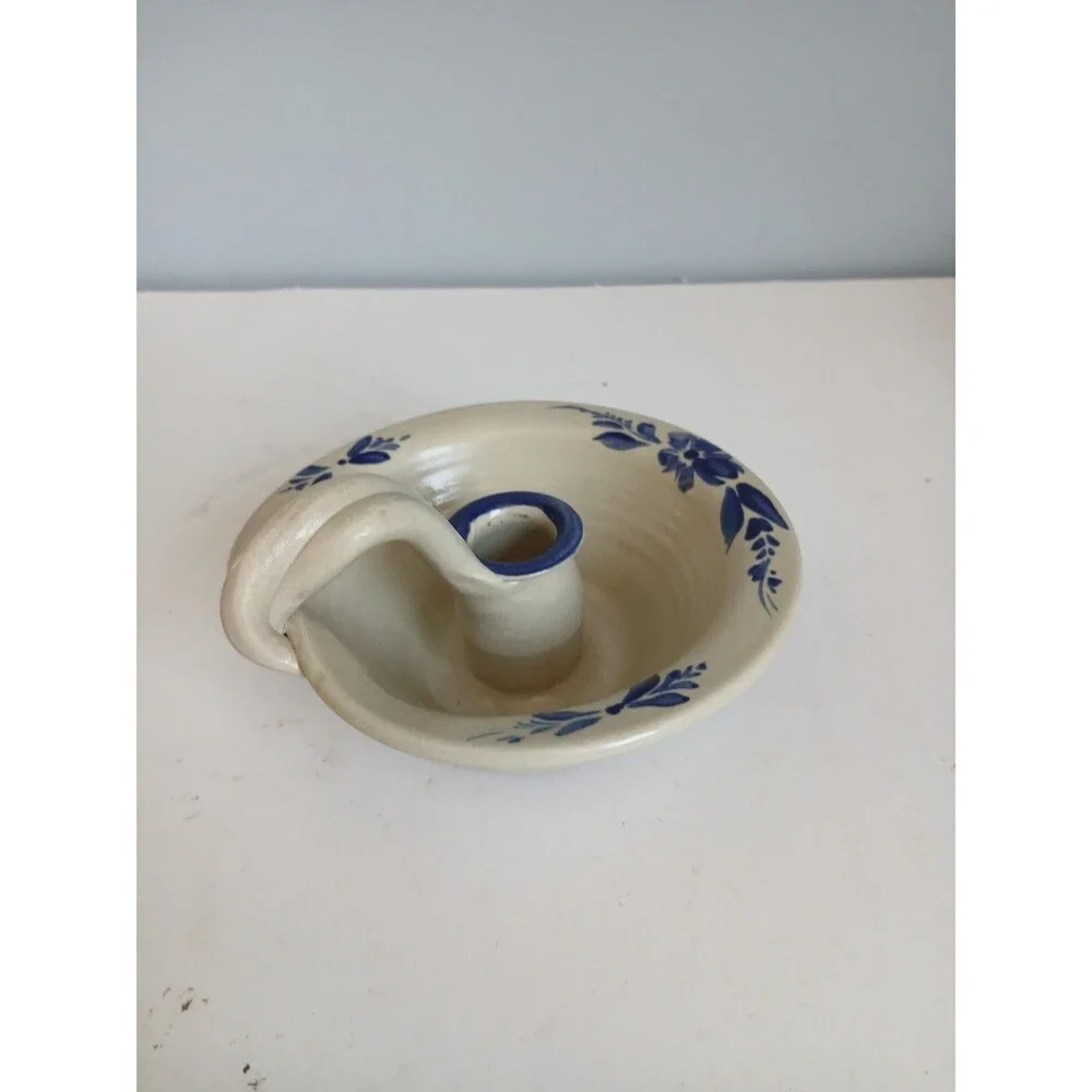 Vtg Williamsburg Pottery Salt Glazed Blue Stencil  Crock Candlestick Holder